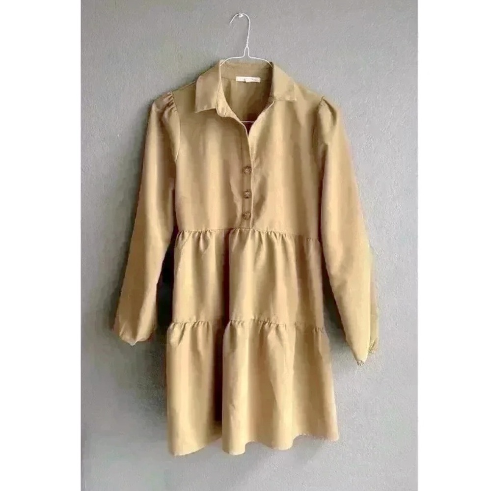 Copper Key Mustard Puff Sleeve Tiered Shirt Dress – Size S, NWOT, EUC
